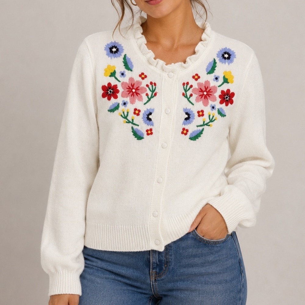 Marled Floral Embroidered Cardigan Medium Soft Ruffle Neck Cottagecore Sweater